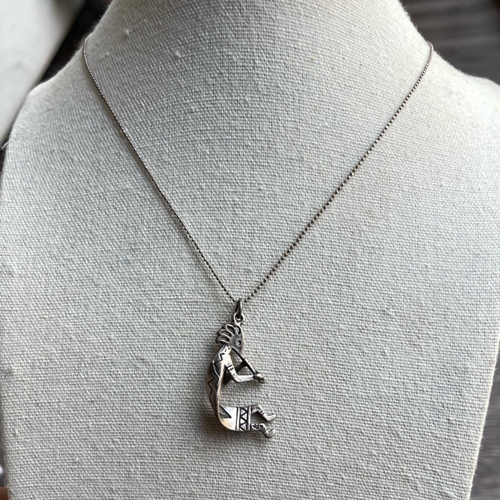 Vintage Sterling Silver Kokopelli Pendant Necklace- Sterling Silver Necklace